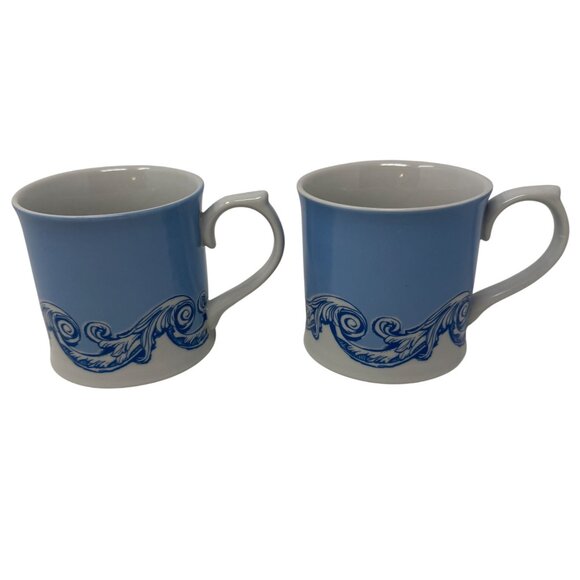 Vintage Pair Rosanna Blue & White Scroll Mug Set, Preservation Society of Newpor - Picture 1 of 7